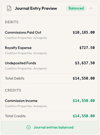 Journal entry preview showing balanced debits and credits with dimensional tags